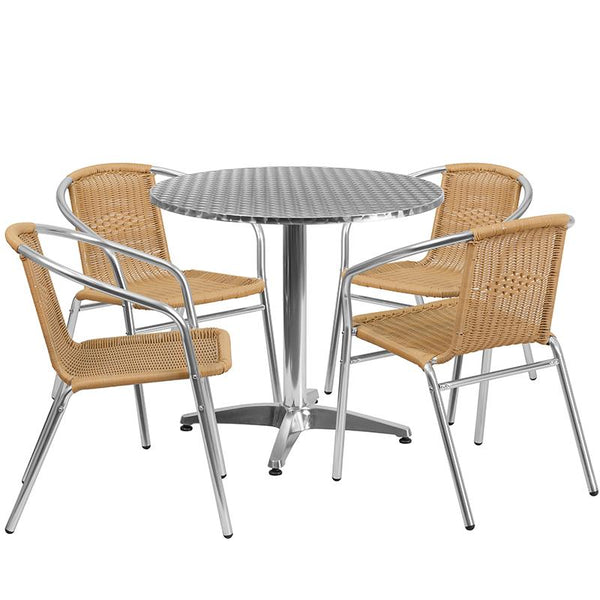 Flash Furniture 31.5'' Round Aluminum Indoor-Outdoor Table Set with 4 Beige Rattan Chairs - TLH-ALUM-32RD-020BGECHR4-GG