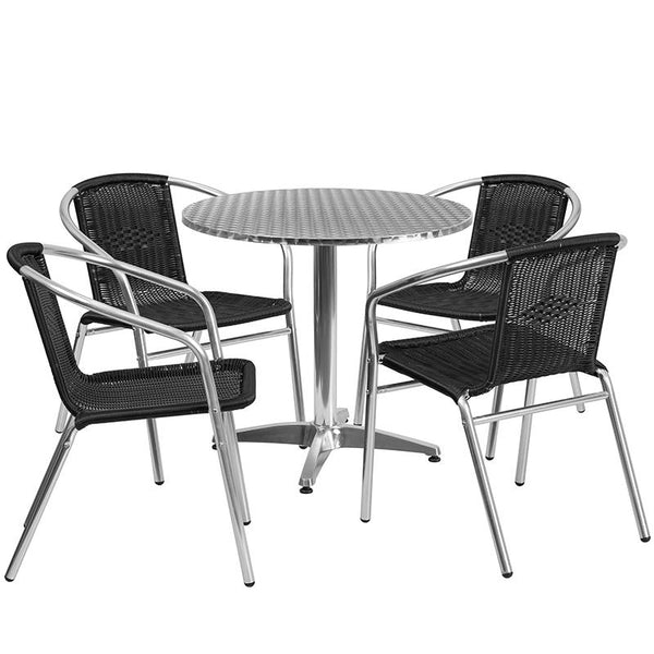 Flash Furniture 31.5'' Round Aluminum Indoor-Outdoor Table Set with 4 Black Rattan Chairs - TLH-ALUM-32RD-020BKCHR4-GG