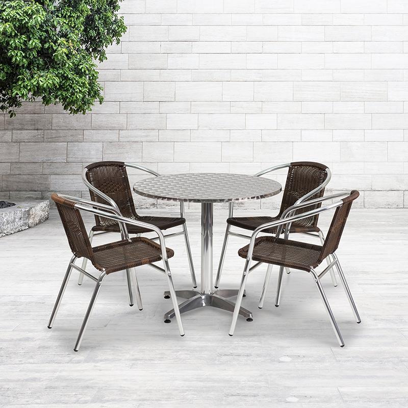 Flash Furniture 31.5'' Round Aluminum Indoor-Outdoor Table Set with 4 Dark Brown Rattan Chairs - TLH-ALUM-32RD-020CHR4-GG