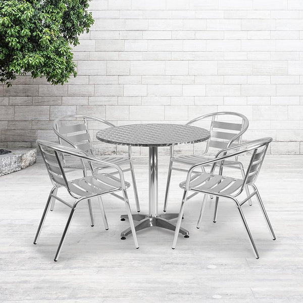 Flash Furniture 31.5'' Round Aluminum Indoor-Outdoor Table Set with 4 Slat Back Chairs - TLH-ALUM-32RD-017BCHR4-GG