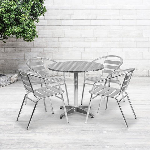 Flash Furniture 31.5'' Round Aluminum Indoor-Outdoor Table Set with 4 Slat Back Chairs - TLH-ALUM-32RD-017BCHR4-GG