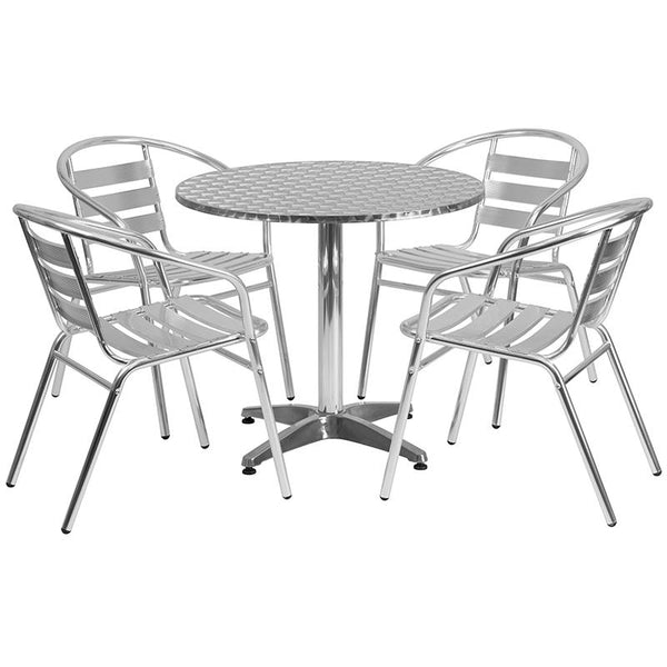 Flash Furniture 31.5'' Round Aluminum Indoor-Outdoor Table Set with 4 Slat Back Chairs - TLH-ALUM-32RD-017BCHR4-GG