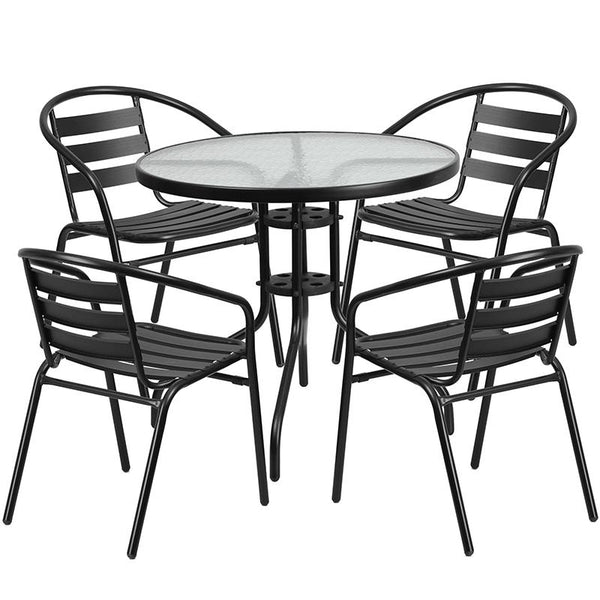 Flash Furniture 31.5'' Round Glass Metal Table with 4 Black Metal Aluminum Slat Stack Chairs - TLH-072RD-017CBK4-GG