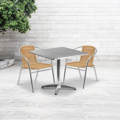 Flash Furniture 31.5'' Square Aluminum Indoor-Outdoor Table Set with 2 Beige Rattan Chairs - TLH-ALUM-32SQ-020BGECHR2-GG