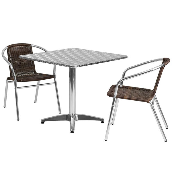 Flash Furniture 31.5'' Square Aluminum Indoor-Outdoor Table Set with 2 Dark Brown Rattan Chairs - TLH-ALUM-32SQ-020CHR2-GG