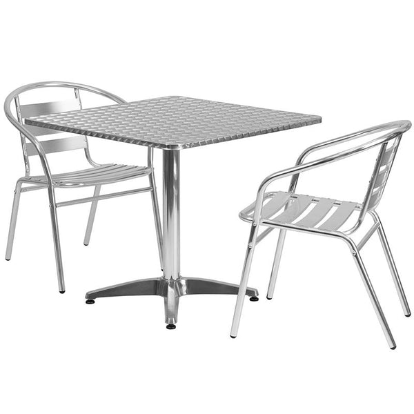 Flash Furniture 31.5'' Square Aluminum Indoor-Outdoor Table Set with 2 Slat Back Chairs - TLH-ALUM-32SQ-017BCHR2-GG