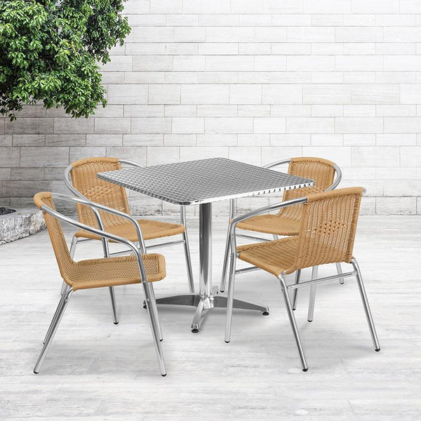 Flash Furniture 31.5'' Square Aluminum Indoor-Outdoor Table Set with 4 Beige Rattan Chairs - TLH-ALUM-32SQ-020BGECHR4-GG