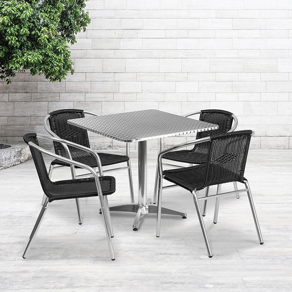 Flash Furniture 31.5'' Square Aluminum Indoor-Outdoor Table Set with 4 Black Rattan Chairs - TLH-ALUM-32SQ-020BKCHR4-GG