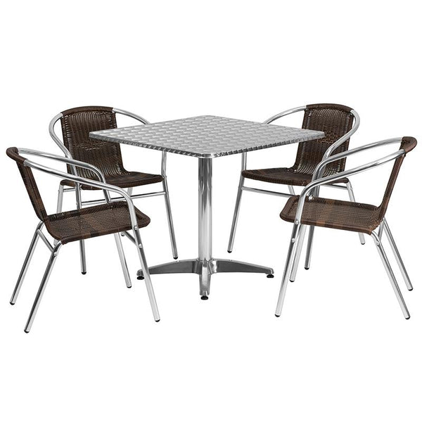 Flash Furniture 31.5'' Square Aluminum Indoor-Outdoor Table Set with 4 Dark Brown Rattan Chairs - TLH-ALUM-32SQ-020CHR4-GG