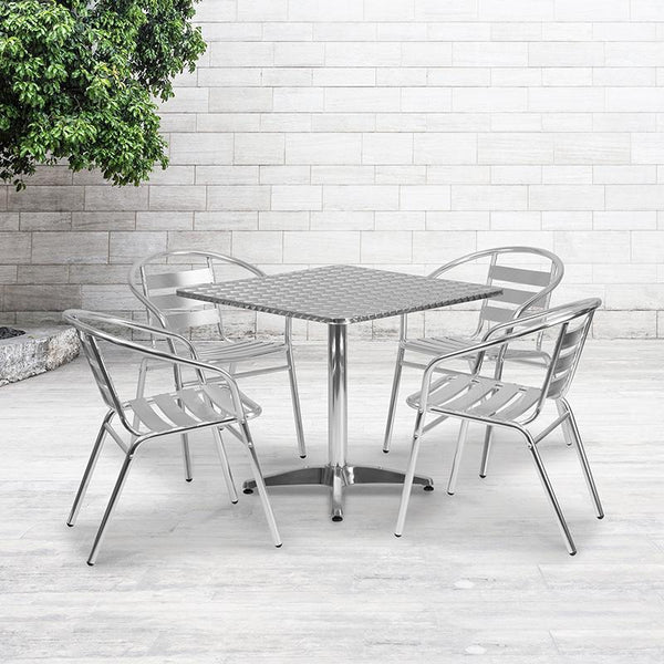 Flash Furniture 31.5'' Square Aluminum Indoor-Outdoor Table Set with 4 Slat Back Chairs - TLH-ALUM-32SQ-017BCHR4-GG