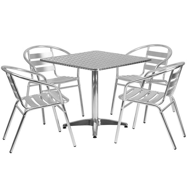 Flash Furniture 31.5'' Square Aluminum Indoor-Outdoor Table Set with 4 Slat Back Chairs - TLH-ALUM-32SQ-017BCHR4-GG