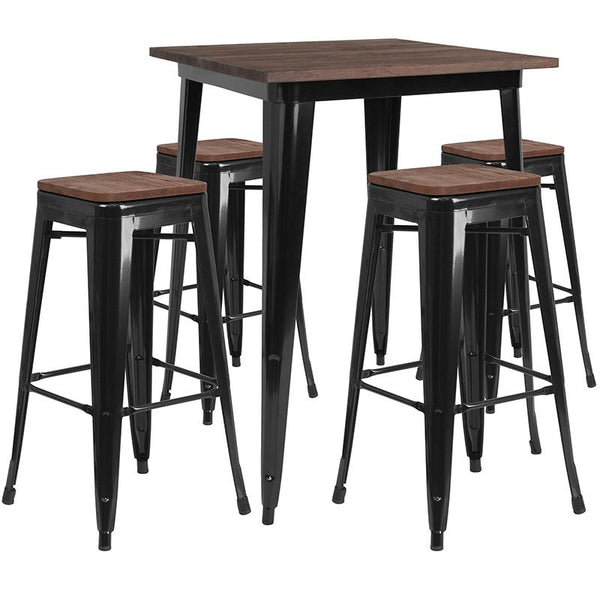 Flash Furniture 31.5" Square Black Metal Bar Table Set with Wood Top and 4 Backless Stools - CH-WD-TBCH-20-GG