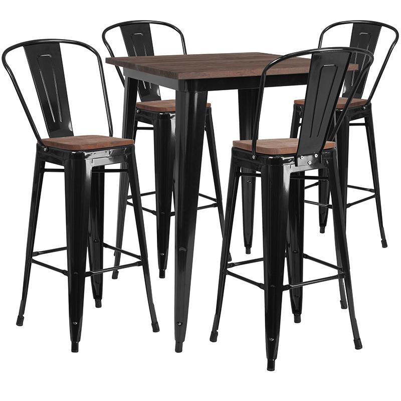 Flash Furniture 31.5" Square Black Metal Bar Table Set with Wood Top and 4 Stools - CH-WD-TBCH-19-GG