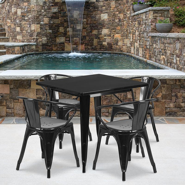 Flash Furniture 31.5'' Square Black Metal Indoor-Outdoor Table Set with 4 Arm Chairs - ET-CT002-4-70-BK-GG