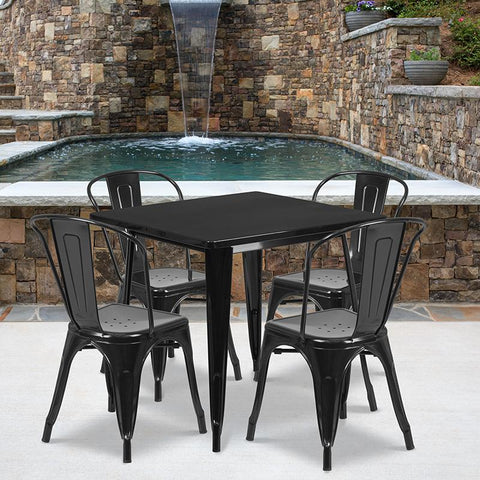 Flash Furniture 31.5'' Square Black Metal Indoor-Outdoor Table Set with 4 Stack Chairs - ET-CT002-4-30-BK-GG