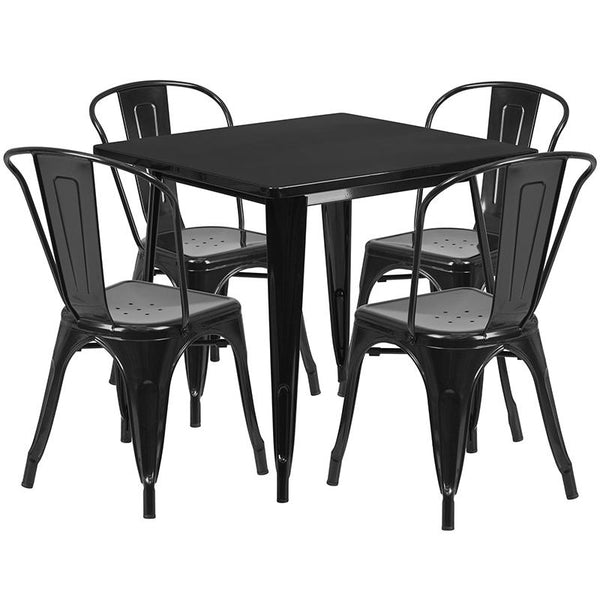 Flash Furniture 31.5'' Square Black Metal Indoor-Outdoor Table Set with 4 Stack Chairs - ET-CT002-4-30-BK-GG