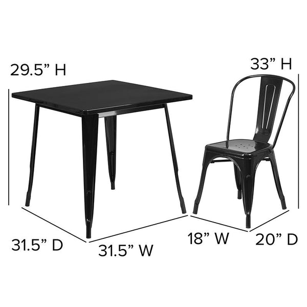 Flash Furniture 31.5'' Square Black Metal Indoor-Outdoor Table Set with 4 Stack Chairs - ET-CT002-4-30-BK-GG