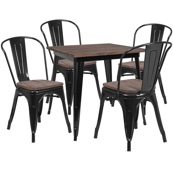 Flash Furniture 31.5" Square Black Metal Table Set with Wood Top and 4 Stack Chairs - CH-WD-TBCH-18-GG