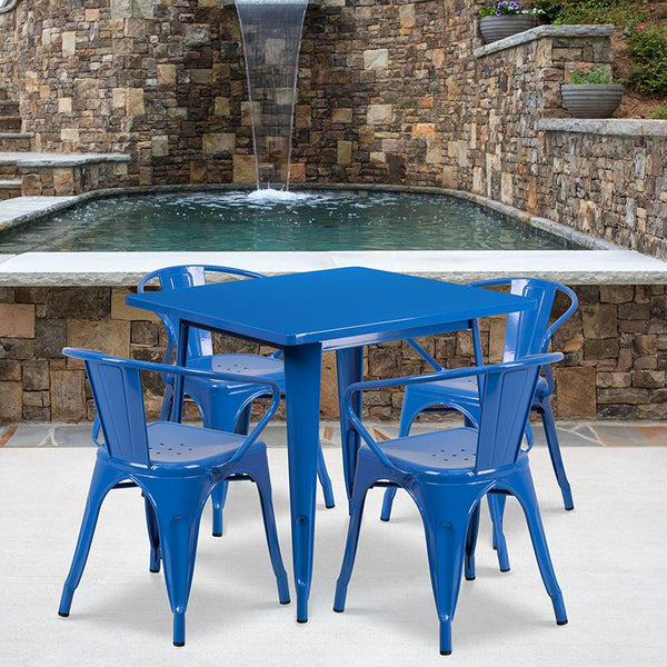 Flash Furniture 31.5'' Square Blue Metal Indoor-Outdoor Table Set with 4 Arm Chairs - ET-CT002-4-70-BL-GG