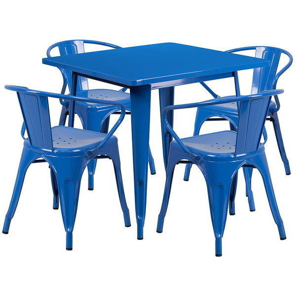 Flash Furniture 31.5'' Square Blue Metal Indoor-Outdoor Table Set with 4 Arm Chairs - ET-CT002-4-70-BL-GG