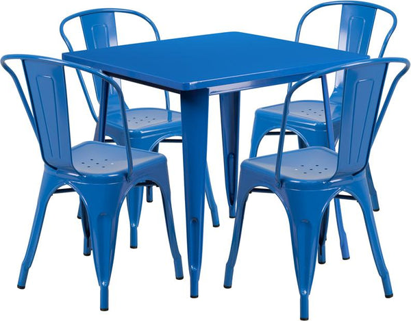 Flash Furniture 31.5'' Square Blue Metal Indoor-Outdoor Table Set with 4 Stack Chairs - ET-CT002-4-30-BL-GG