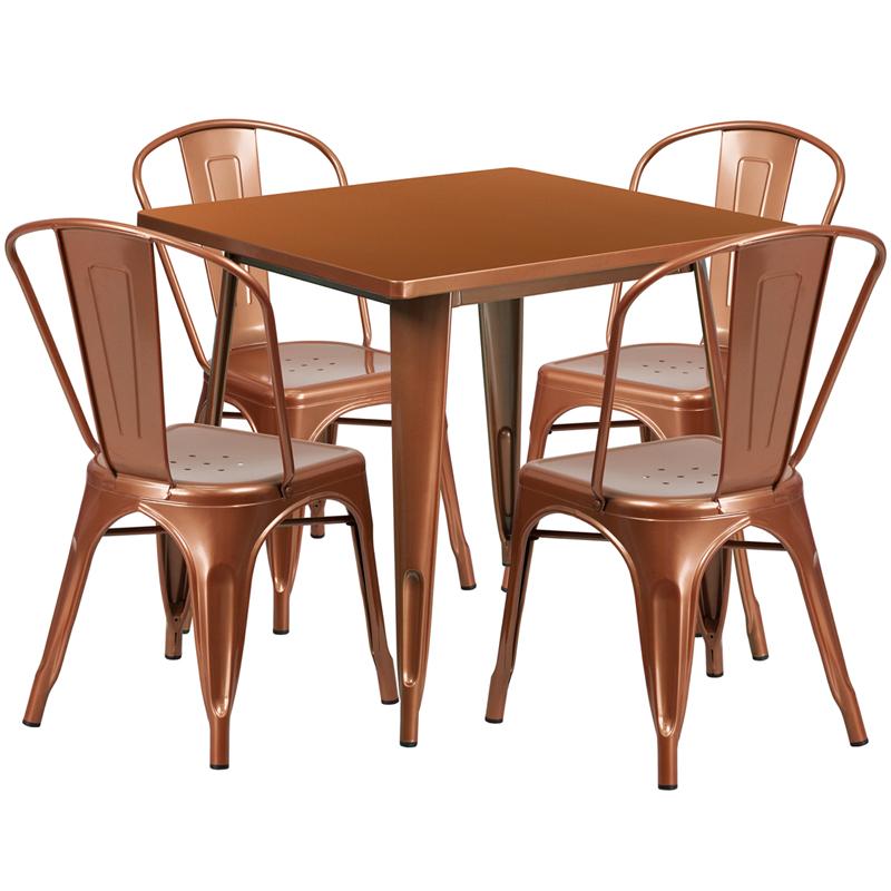 Flash Furniture 31.5'' Square Copper Metal Indoor-Outdoor Table Set with 4 Stack Chairs - ET-CT002-4-30-POC-GG