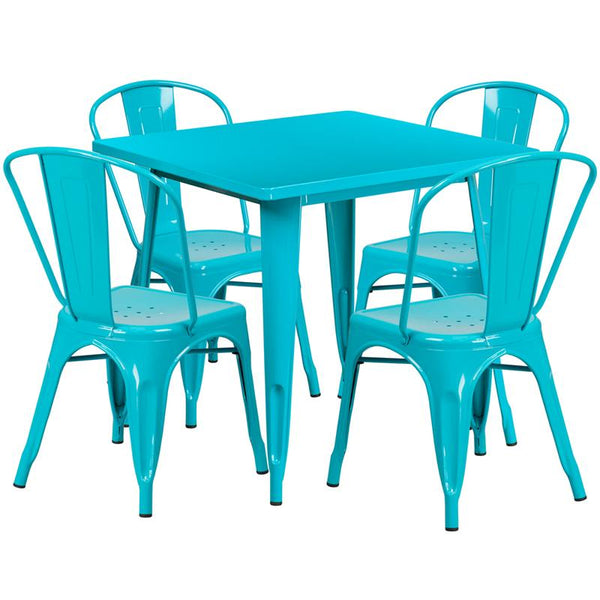 Flash Furniture 31.5'' Square Crystal Teal-Blue Metal Indoor-Outdoor Table Set with 4 Stack Chairs - ET-CT002-4-30-CB-GG