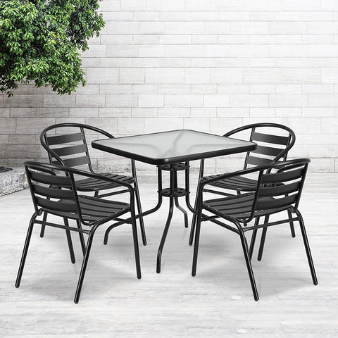 Flash Furniture 31.5'' Square Glass Metal Table with 4 Black Metal Aluminum Slat Stack Chairs - TLH-0732SQ-017CBK4-GG