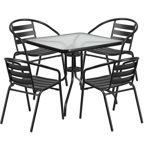 Flash Furniture 31.5'' Square Glass Metal Table with 4 Black Metal Aluminum Slat Stack Chairs - TLH-0732SQ-017CBK4-GG