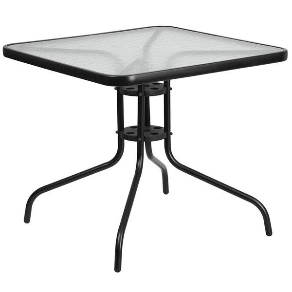 Flash Furniture 31.5'' Square Glass Metal Table with 4 Black Metal Aluminum Slat Stack Chairs - TLH-0732SQ-017CBK4-GG