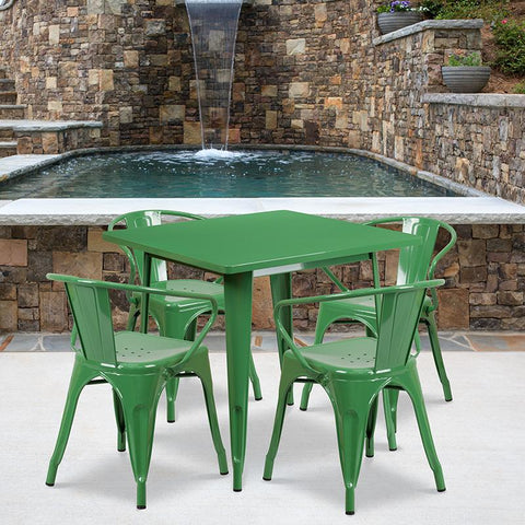 Flash Furniture 31.5'' Square Green Metal Indoor-Outdoor Table Set with 4 Arm Chairs - ET-CT002-4-70-GN-GG