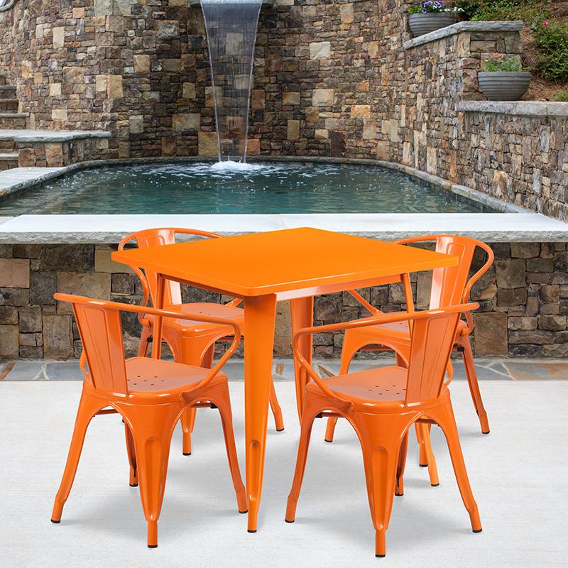 Flash Furniture 31.5'' Square Orange Metal Indoor-Outdoor Table Set with 4 Arm Chairs - ET-CT002-4-70-OR-GG