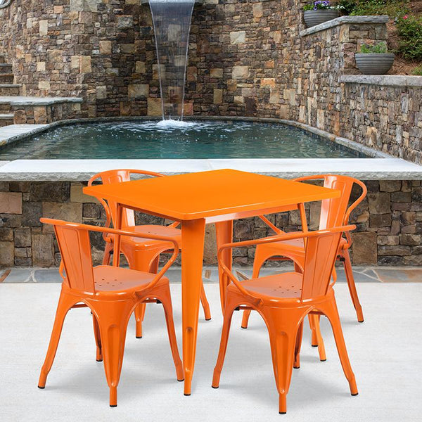 Flash Furniture 31.5'' Square Orange Metal Indoor-Outdoor Table Set with 4 Arm Chairs - ET-CT002-4-70-OR-GG