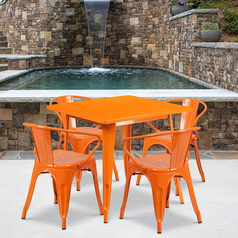 Flash Furniture 31.5'' Square Orange Metal Indoor-Outdoor Table Set with 4 Arm Chairs - ET-CT002-4-70-OR-GG