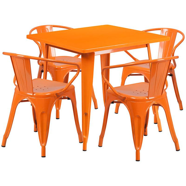 Flash Furniture 31.5'' Square Orange Metal Indoor-Outdoor Table Set with 4 Arm Chairs - ET-CT002-4-70-OR-GG