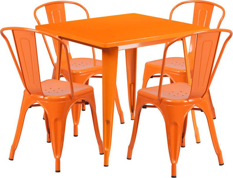 Flash Furniture 31.5'' Square Orange Metal Indoor-Outdoor Table Set with 4 Stack Chairs - ET-CT002-4-30-OR-GG