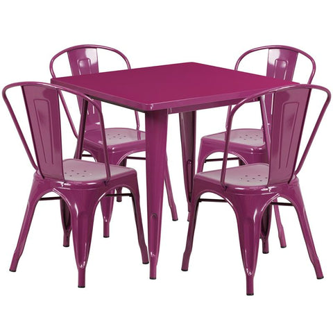 Flash Furniture 31.5'' Square Purple Metal Indoor-Outdoor Table Set with 4 Stack Chairs - ET-CT002-4-30-PUR-GG