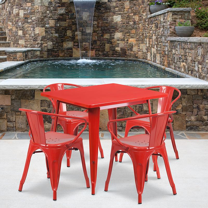 Flash Furniture 31.5'' Square Red Metal Indoor-Outdoor Table Set with 4 Arm Chairs - ET-CT002-4-70-RED-GG