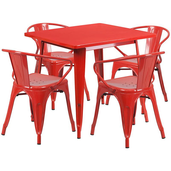 Flash Furniture 31.5'' Square Red Metal Indoor-Outdoor Table Set with 4 Arm Chairs - ET-CT002-4-70-RED-GG