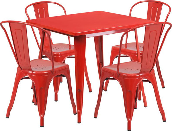 Flash Furniture 31.5'' Square Red Metal Indoor-Outdoor Table Set with 4 Stack Chairs - ET-CT002-4-30-RED-GG