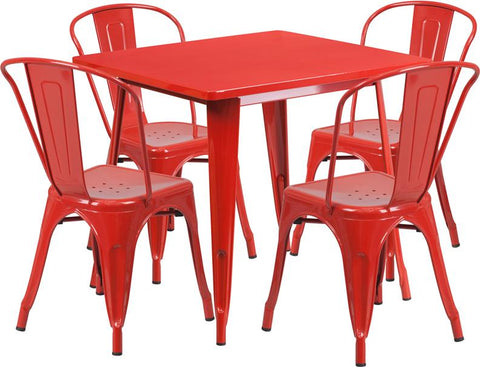 Flash Furniture 31.5'' Square Red Metal Indoor-Outdoor Table Set with 4 Stack Chairs - ET-CT002-4-30-RED-GG