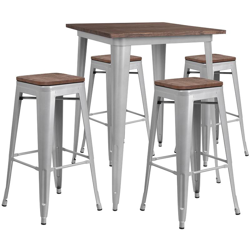 Flash Furniture 31.5" Square Silver Metal Bar Table Set with Wood Top and 4 Backless Stools - CH-WD-TBCH-6-GG