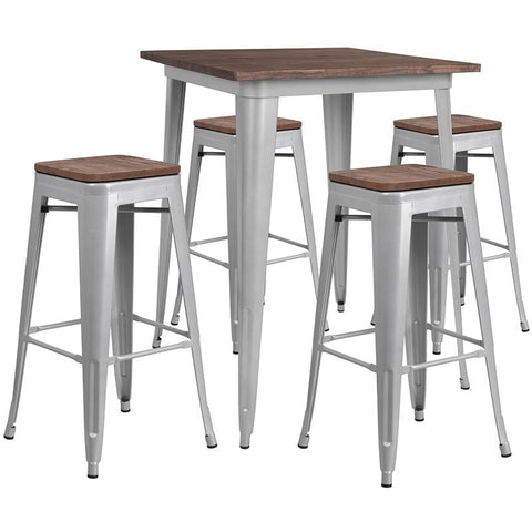 Flash Furniture 31.5" Square Silver Metal Bar Table Set with Wood Top and 4 Backless Stools - CH-WD-TBCH-6-GG