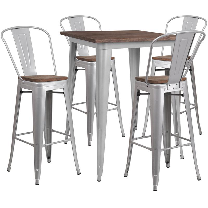 Flash Furniture 31.5" Square Silver Metal Bar Table Set with Wood Top and 4 Stools - CH-WD-TBCH-5-GG