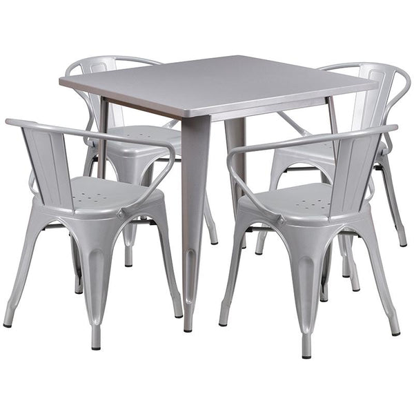 Flash Furniture 31.5'' Square Silver Metal Indoor-Outdoor Table Set with 4 Arm Chairs - ET-CT002-4-70-SIL-GG