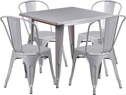 Flash Furniture 31.5'' Square Silver Metal Indoor-Outdoor Table Set with 4 Stack Chairs - ET-CT002-4-30-SIL-GG