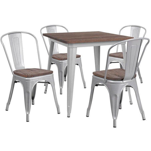 Flash Furniture 31.5" Square Silver Metal Table Set with Wood Top and 4 Stack Chairs - CH-WD-TBCH-4-GG