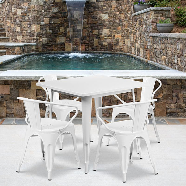 Flash Furniture 31.5'' Square White Metal Indoor-Outdoor Table Set with 4 Arm Chairs - ET-CT002-4-70-WH-GG