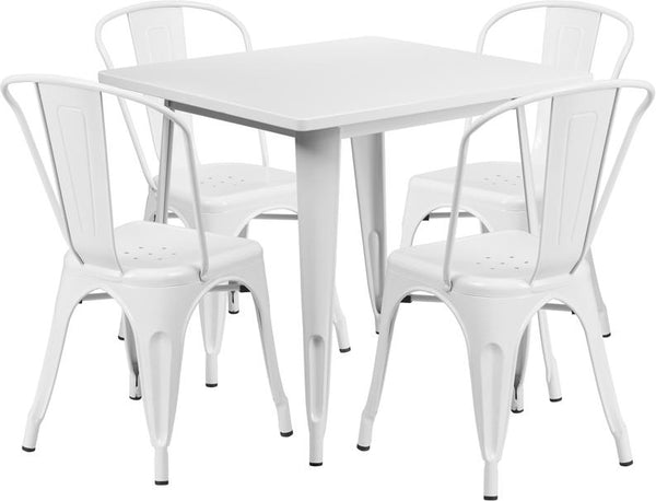 Flash Furniture 31.5'' Square White Metal Indoor-Outdoor Table Set with 4 Stack Chairs - ET-CT002-4-30-WH-GG