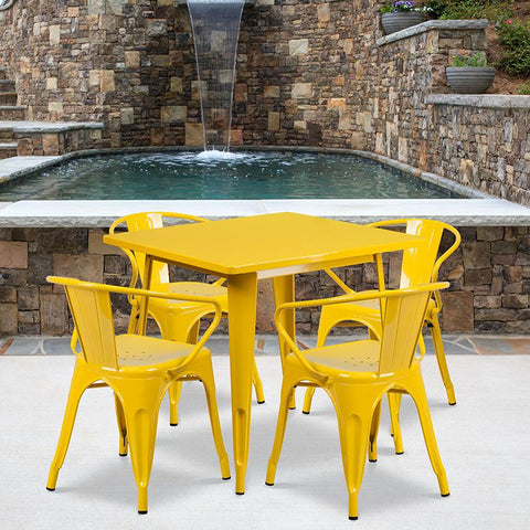 Flash Furniture 31.5'' Square Yellow Metal Indoor-Outdoor Table Set with 4 Arm Chairs - ET-CT002-4-70-YL-GG